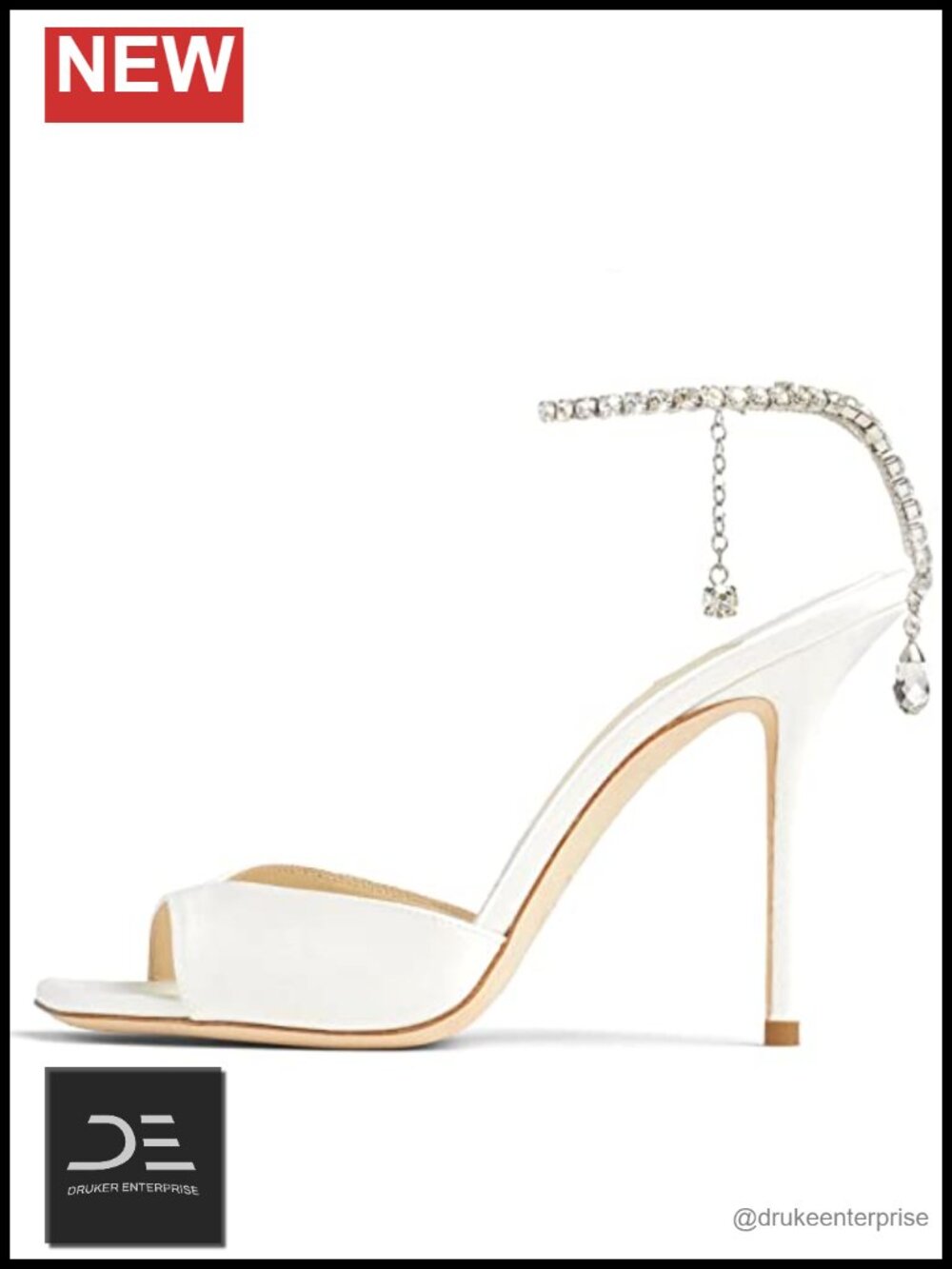 Crystal Chain Ankle Strap Square Open Toe Stiletto Heels Satin Wedding Party